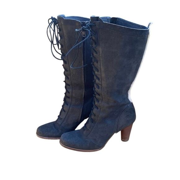 Ugg Camille Oil Rubbed Leather Lace Up Knee High Heeled Boots Black Size 11 5488 - Picture 2 of 11